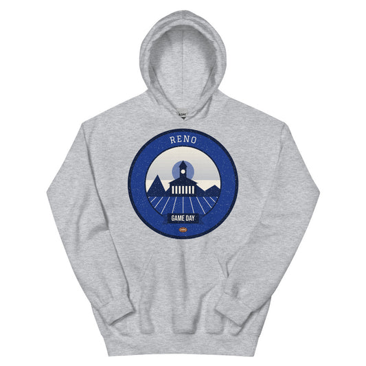 Deep Blue & Silver River Game Day Hoodie in sport grey, front