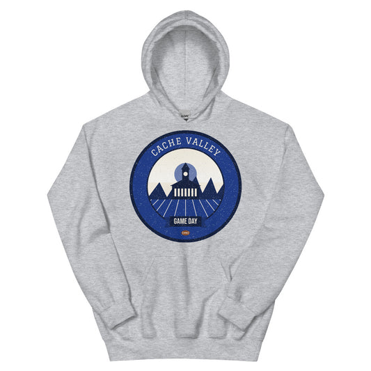 Deep Blue Cache Valley Game Day Hoodie in sport grey, front
