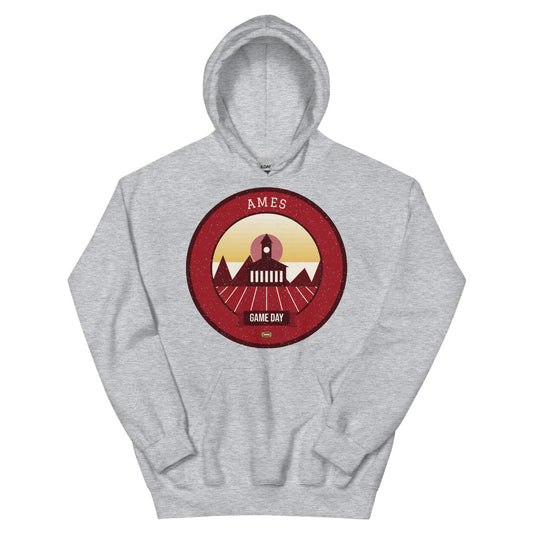 Deep Red & Gold Campanile Game Day Hoodie in sport grey, front