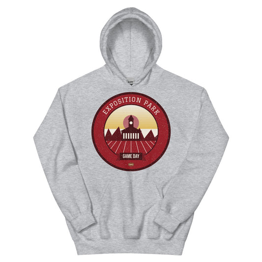 Deep Red & Gold Exposition Game Day Hoodie in sport grey, front