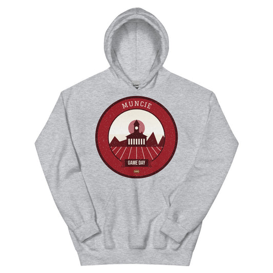 Deep Red Water Tower Game Day Hoodie in sport grey, front
