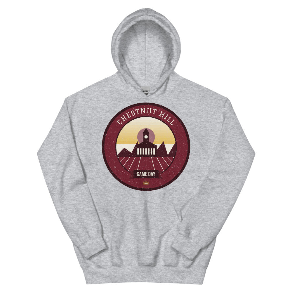 Maroon & Gold Gothic Towers Game Day Hoodie in sport grey, front