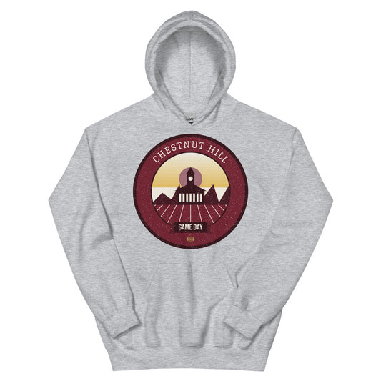 Maroon & Gold Gothic Towers Game Day Hoodie in sport grey, front