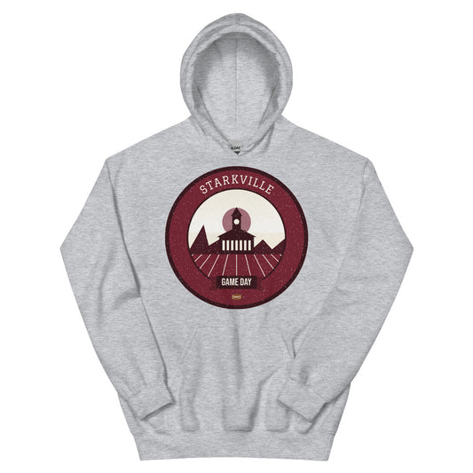 Maroon & White Cowbell Game Day Hoodie in sport grey, front