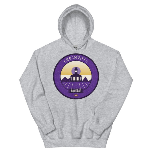 Purple & Gold Tobacco Barn Game Day Hoodie in sport grey, front