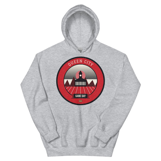 Red & Black Queen City Game Day Hoodie in sport grey, front
