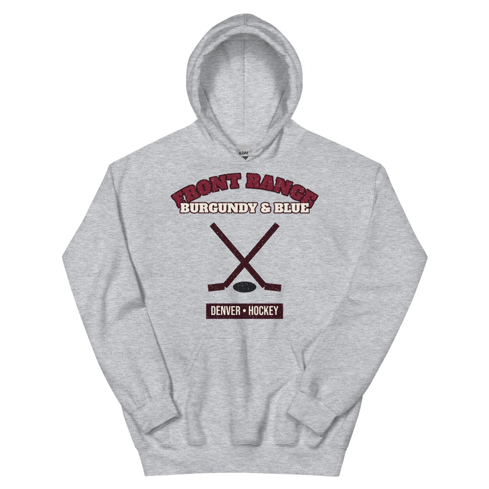 Front Range Burgundy & Blue Hockey Hoodie in sport grey, front