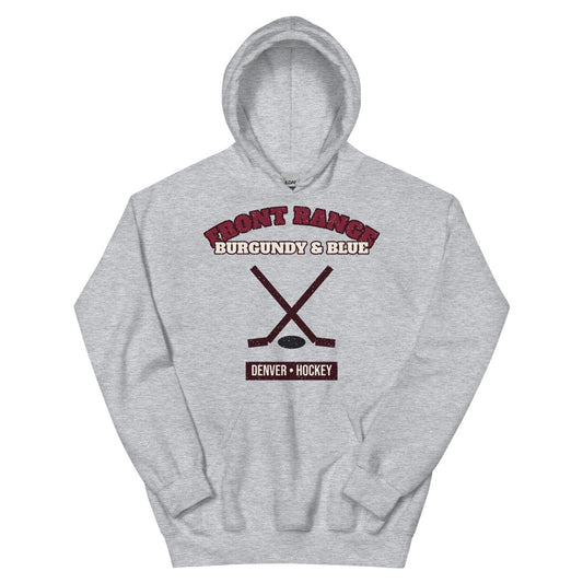 Front Range Burgundy & Blue Hockey Hoodie in sport grey, front