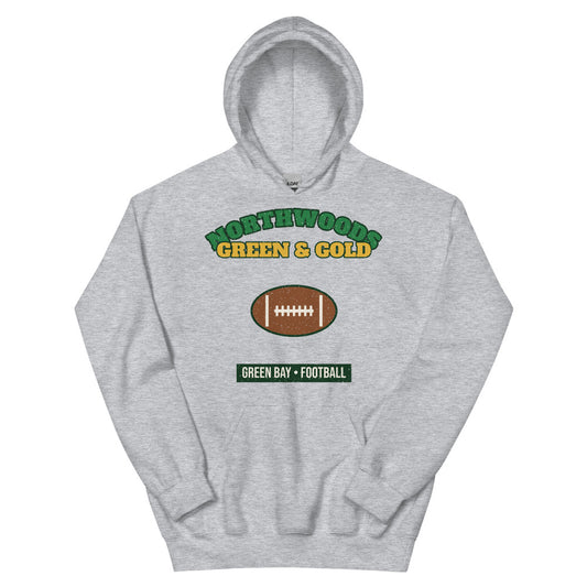 Northwoods Green & Gold Football Hoodie in sport grey, front