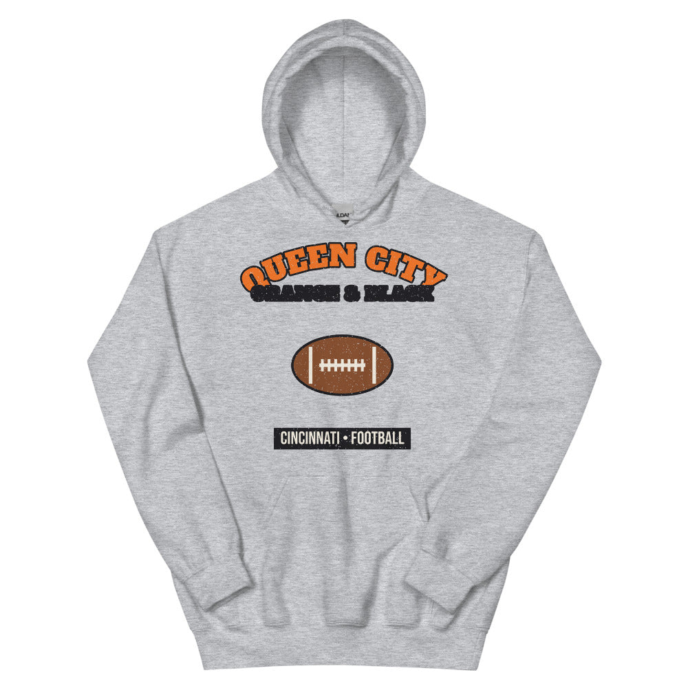 Queen City Orange & Black Football Hoodie in sport grey, front