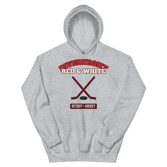 Riverfront Red & White Hockey Hoodie in sport grey, front