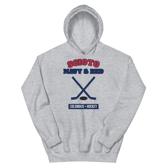 Scioto Navy & Red Hockey Hoodie in sport grey, front