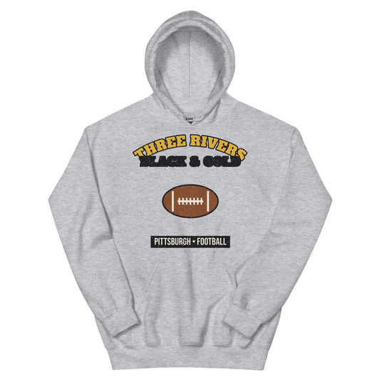 Three Rivers Black & Gold Football Hoodie in sport grey, front