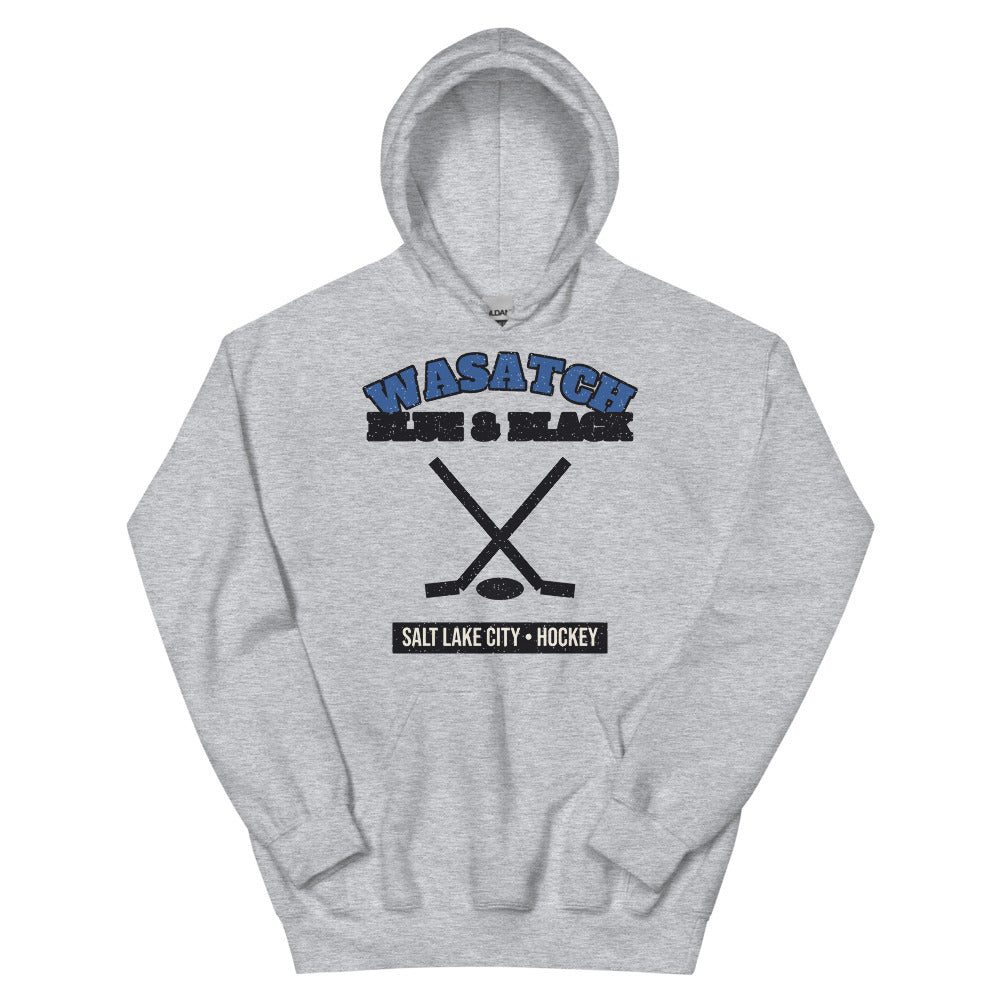 Wasatch Blue & Black Hockey Hoodie in sport grey, front