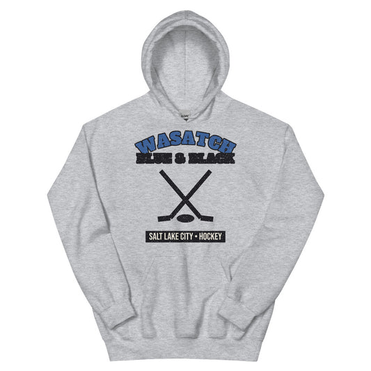 Wasatch Blue & Black Hockey Hoodie in sport grey, front