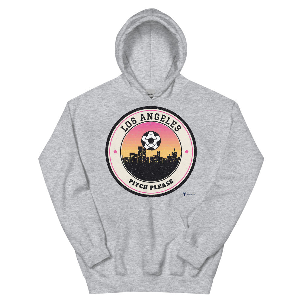 Los Angeles Pitch Please Unisex Hoodie in sport grey, design printed on the front, front view