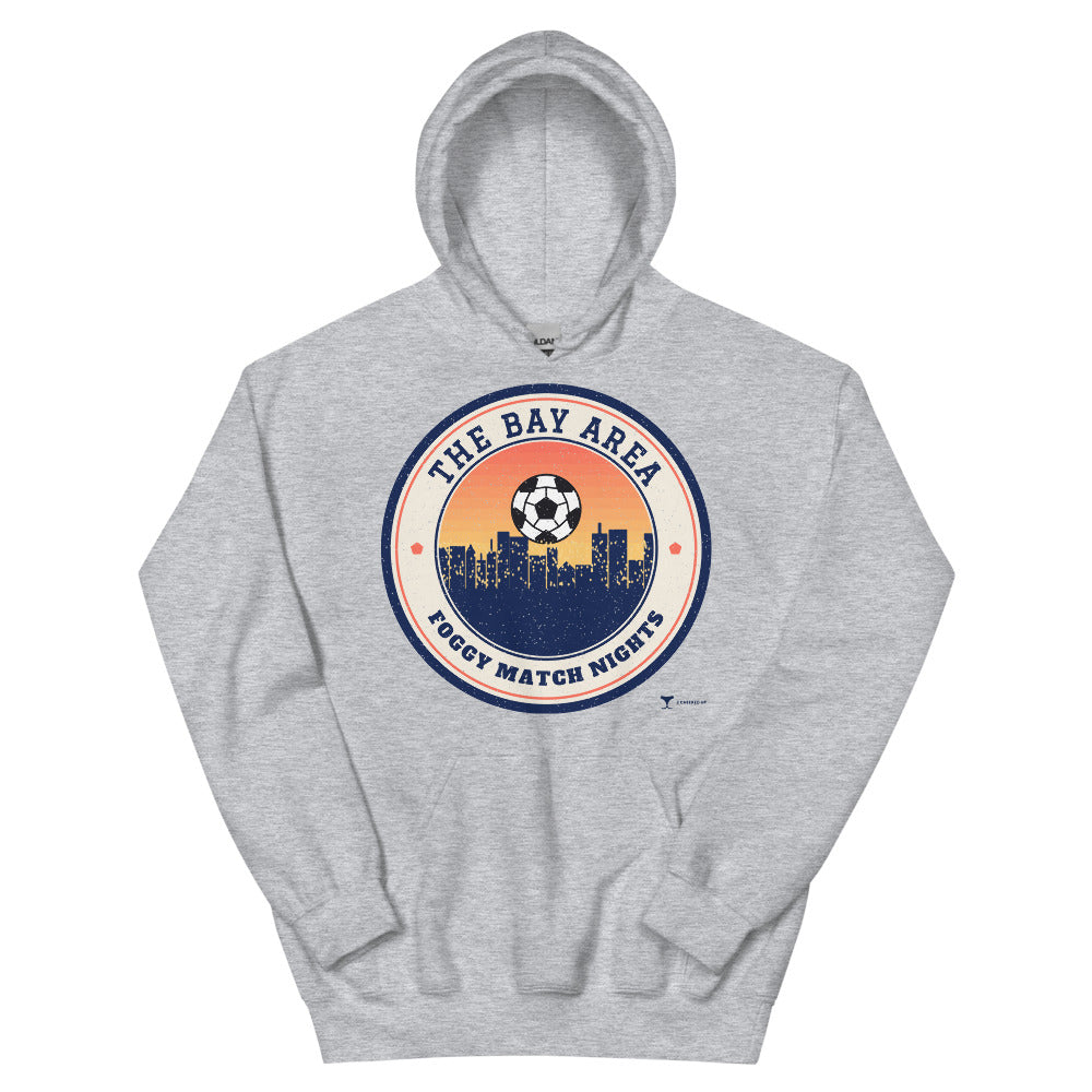 Bay Area Foggy Match Nights Unisex Hoodie in sport grey, design printed on the front, front view