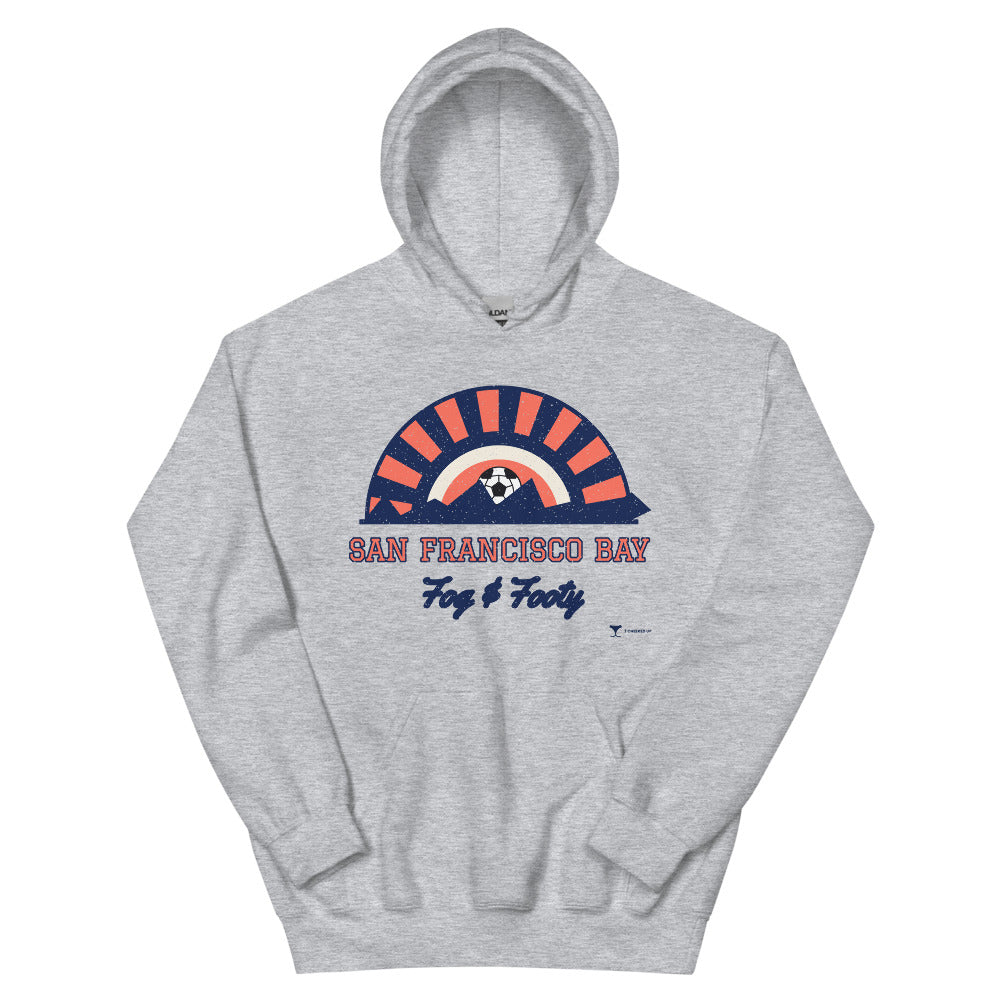 San Francisco Bay Fog & Footy Unisex Hoodie in sport grey, design printed on the front, front view