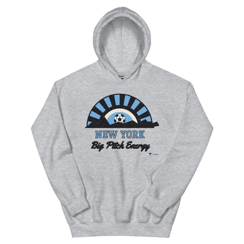 New York Big Pitch Energy Unisex Hoodie in sport grey, design printed on the front, front view