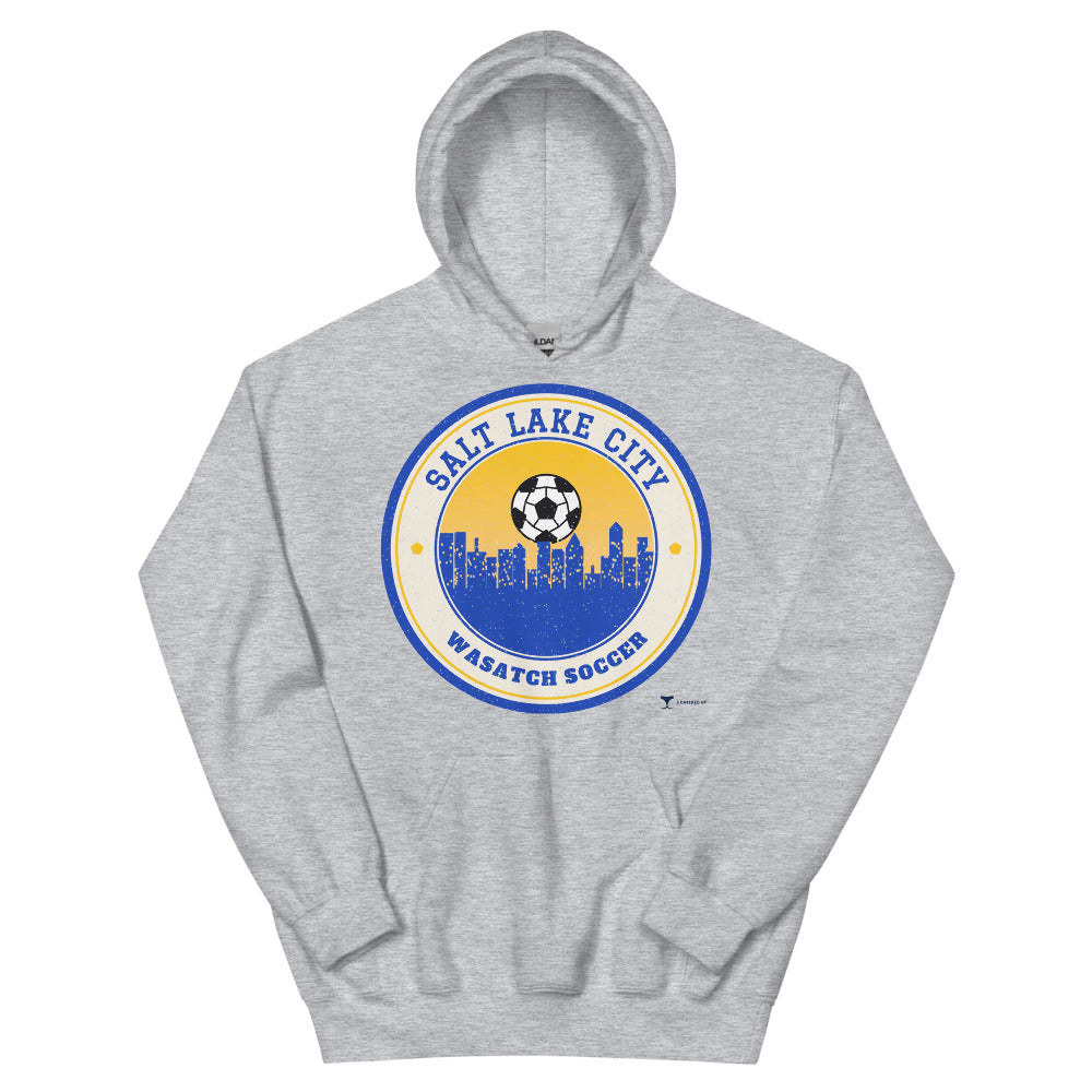 Salt Lake City Wasatch Soccer Unisex Hoodie in sport grey, design printed on the front, front view