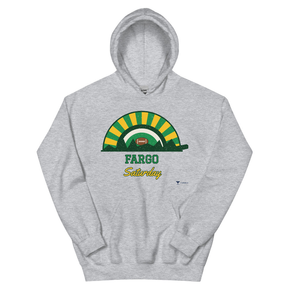 Fargo Saturday Unisex Hoodie in sport grey, design printed on the front, front view