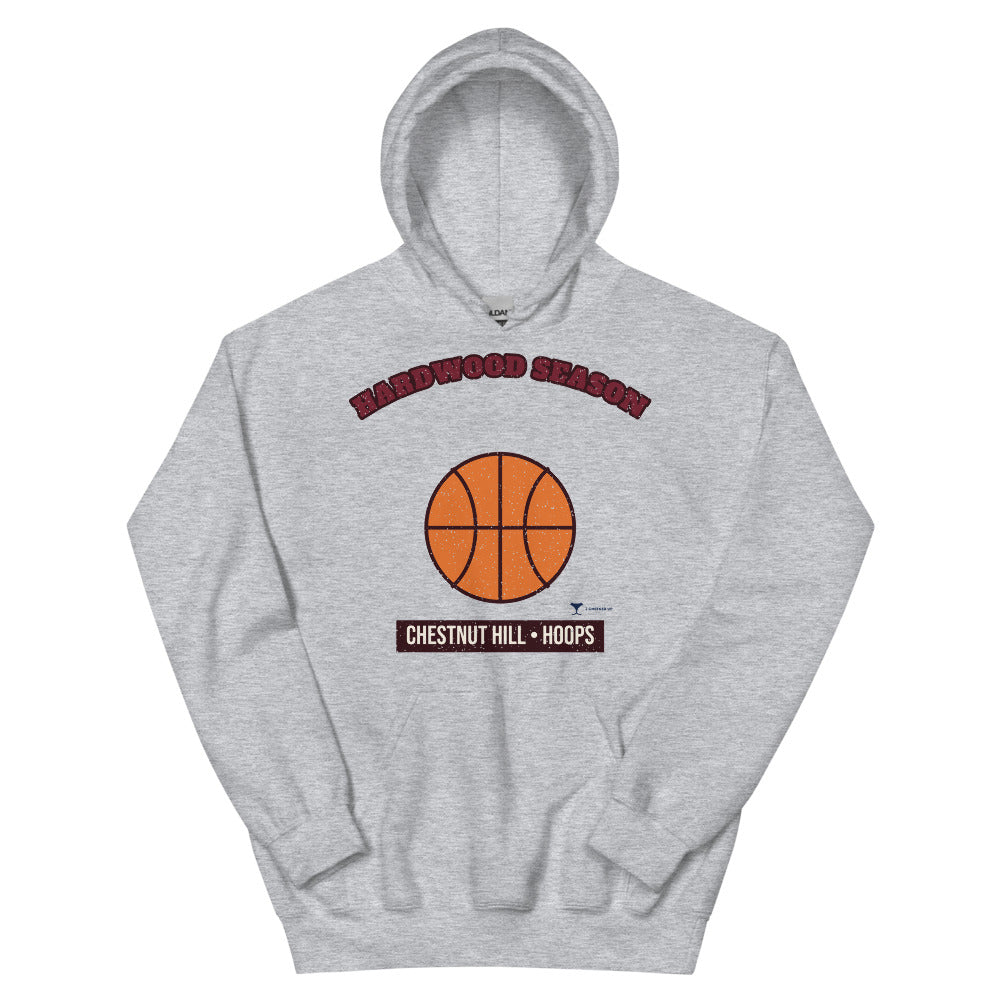 Chestnut Hill Hardwood Season Unisex Hoodie in sport grey, design printed on the front, front view