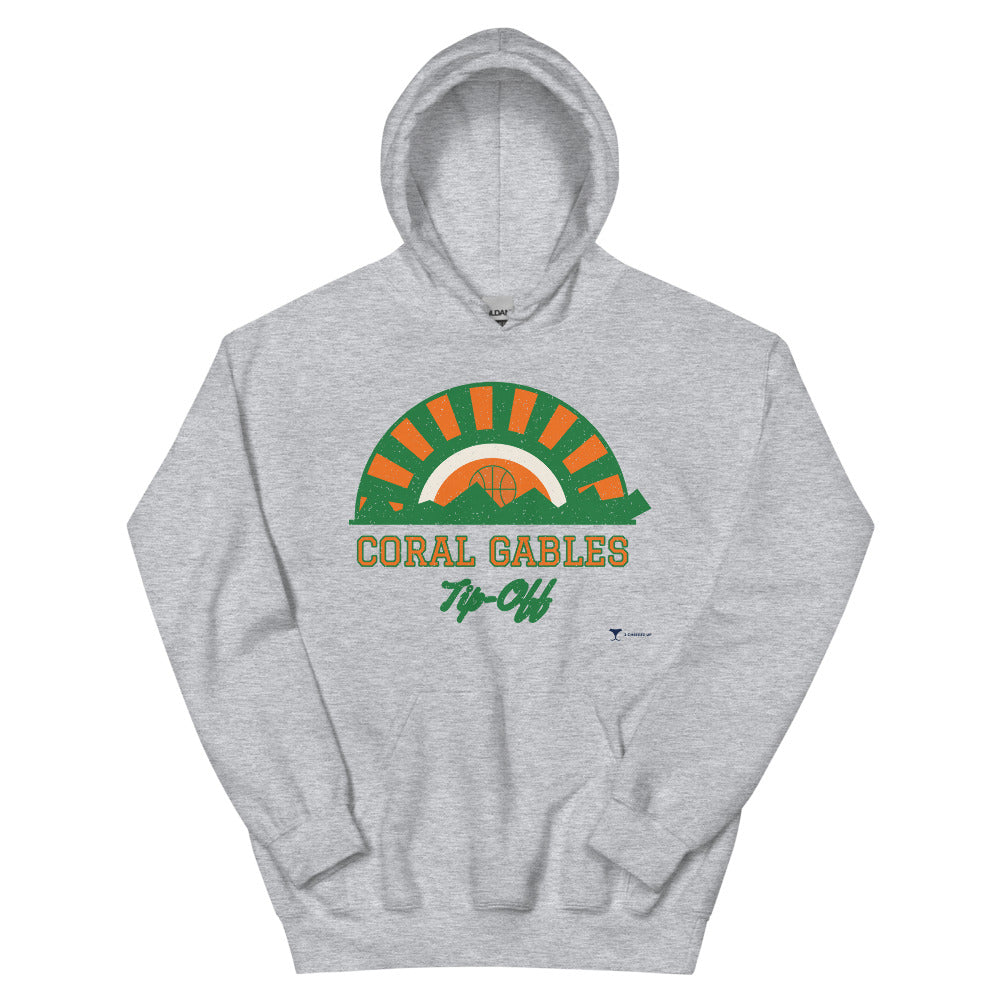 Coral Gables Tip-Off Unisex Hoodie in sport grey, design printed on the front, front view