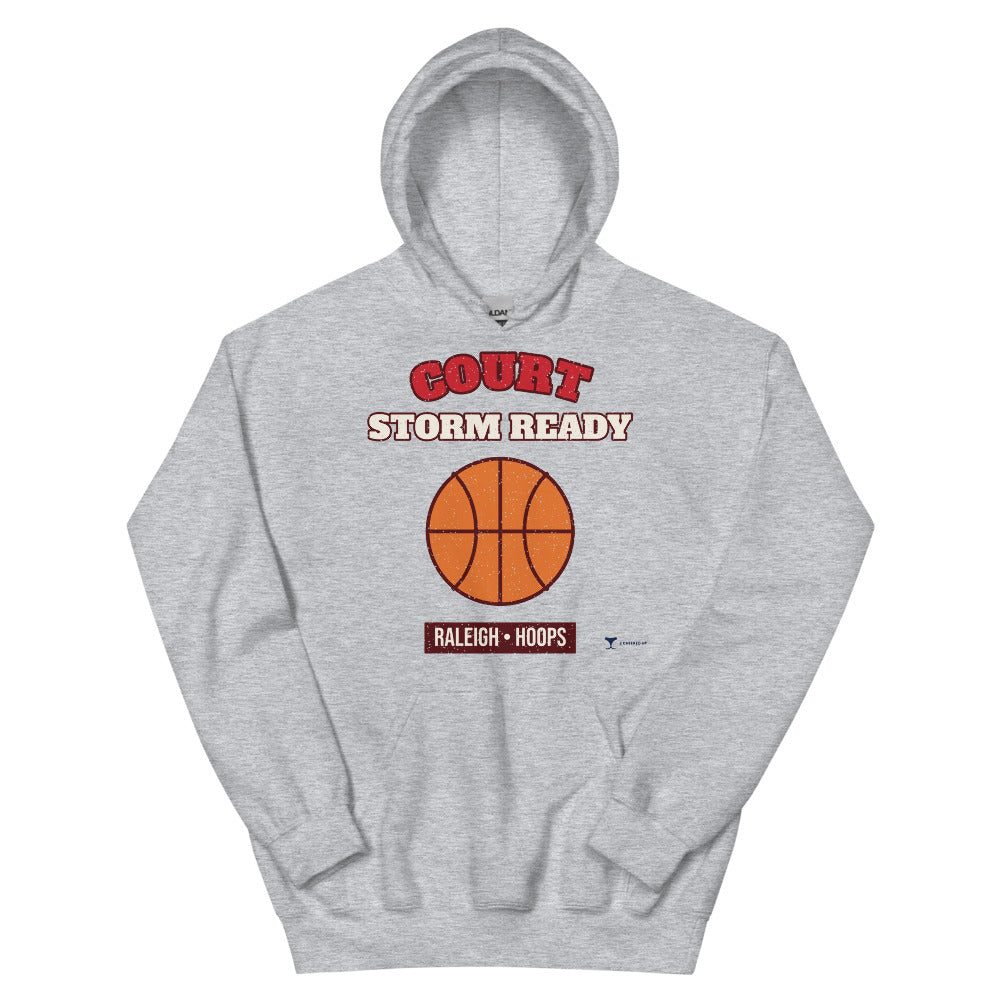 Raleigh Court Storm Ready Unisex Hoodie in sport grey, design printed on the front, front view