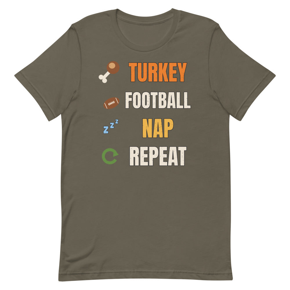 Turkey Football Nap Repeat Unisex Tee in army, design printed on the front, front view