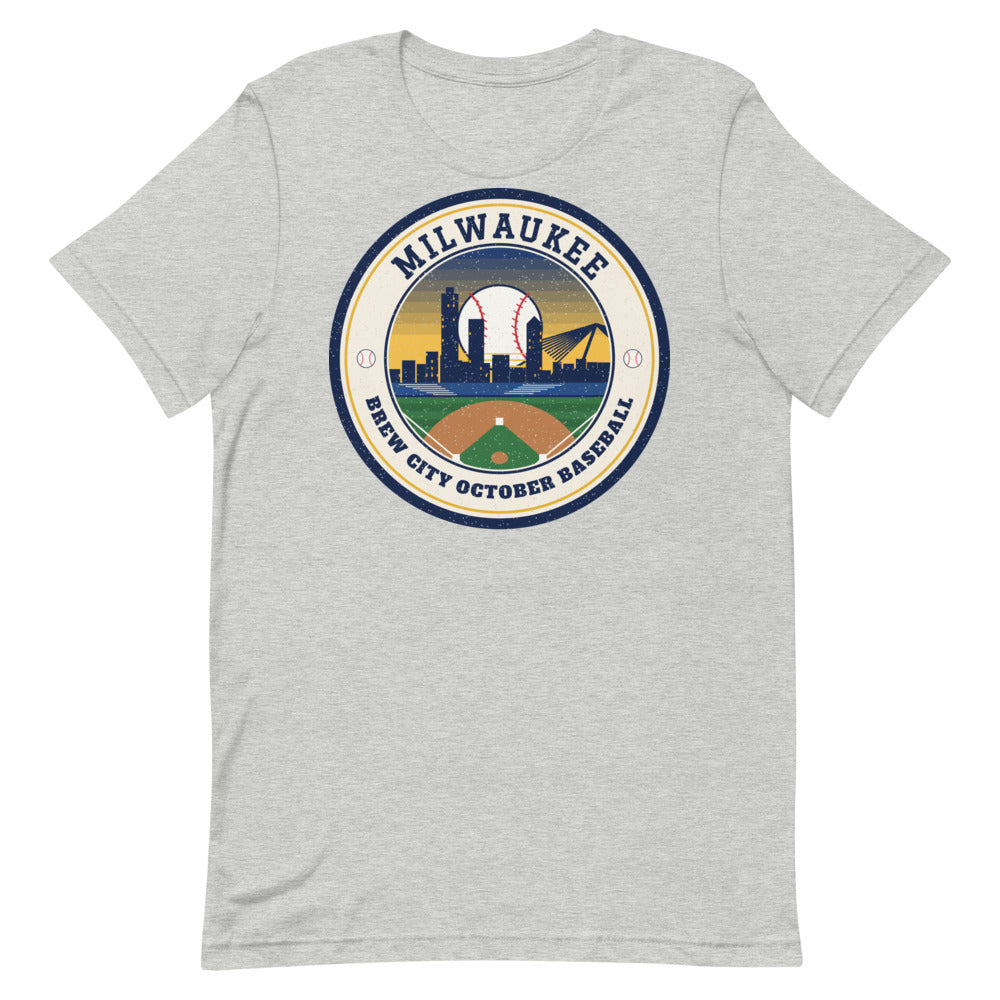 Milwaukee Brew City October Baseball Tee in athletic heather, front