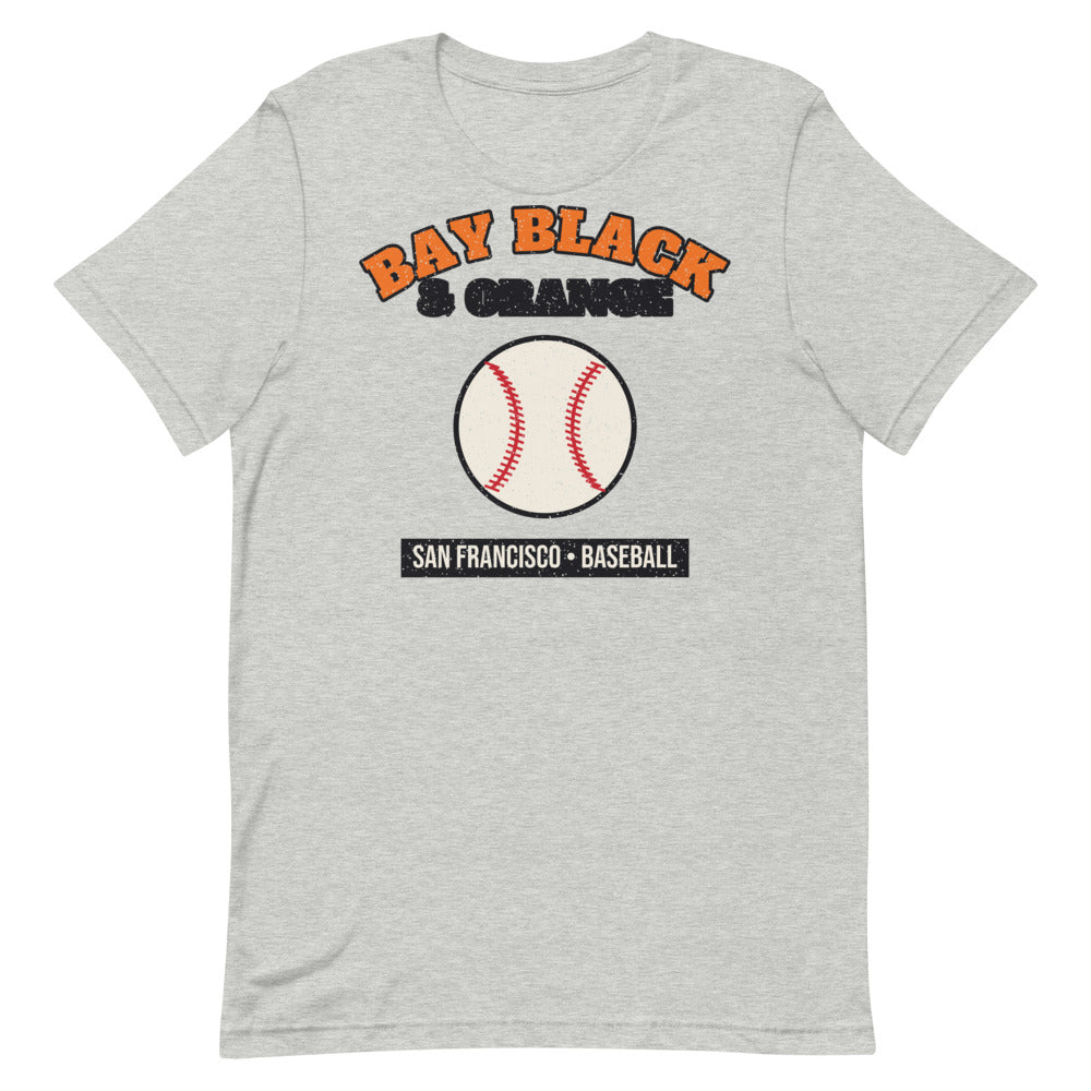Bay Black & Orange Baseball Tee in athletic heather, front