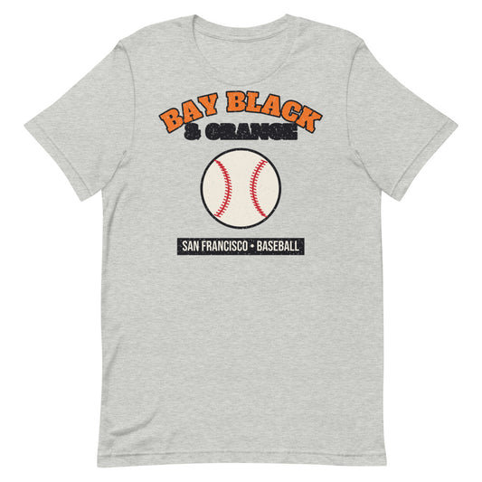 Bay Black & Orange Baseball Tee in athletic heather, front