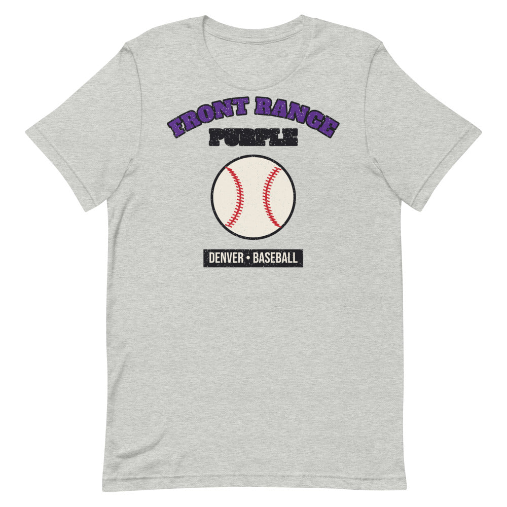 Front Range Purple Baseball Tee in athletic heather, front