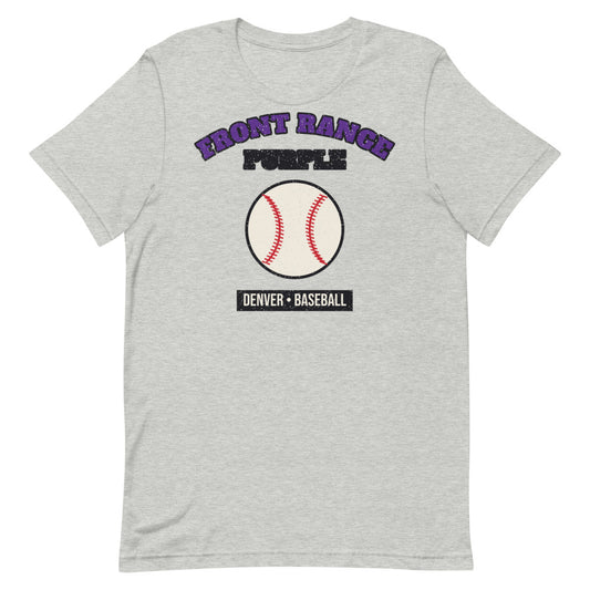 Front Range Purple Baseball Tee in athletic heather, front