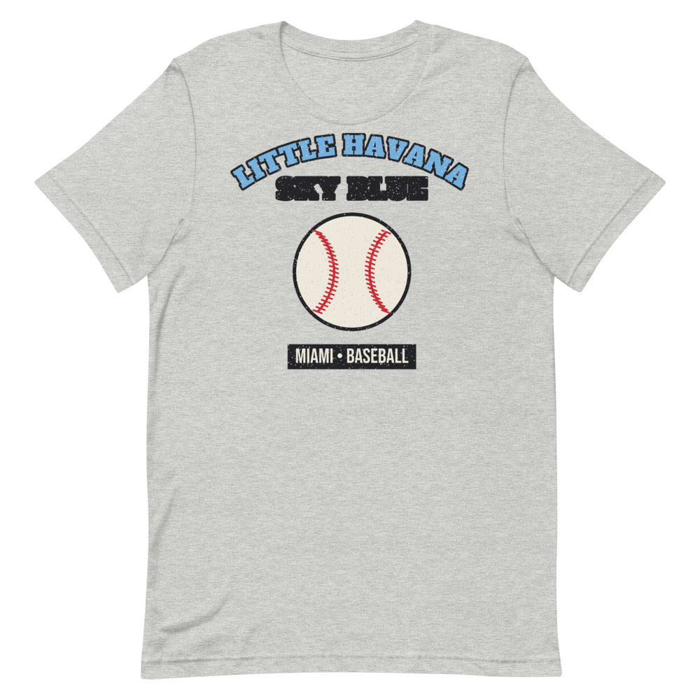 Little Havana Sky Blue Baseball Tee in athletic heather, front