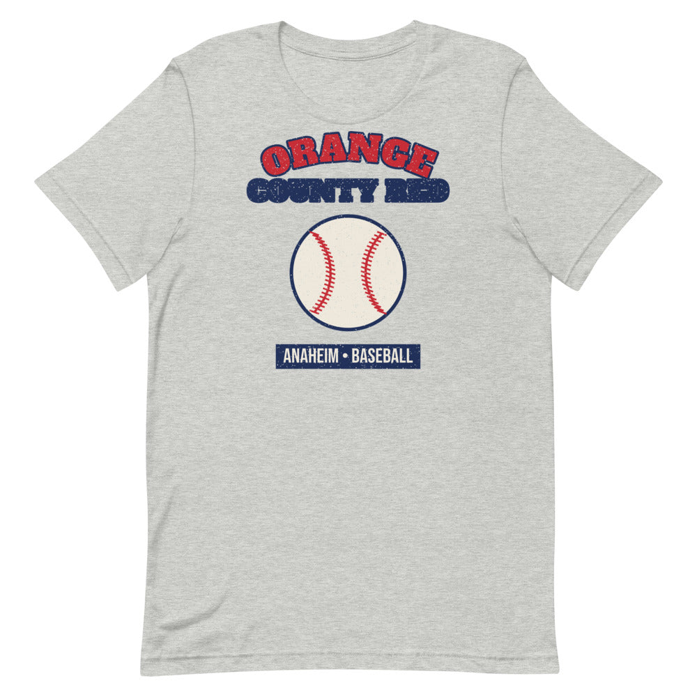 Orange County Red Baseball Tee in athletic heather, front