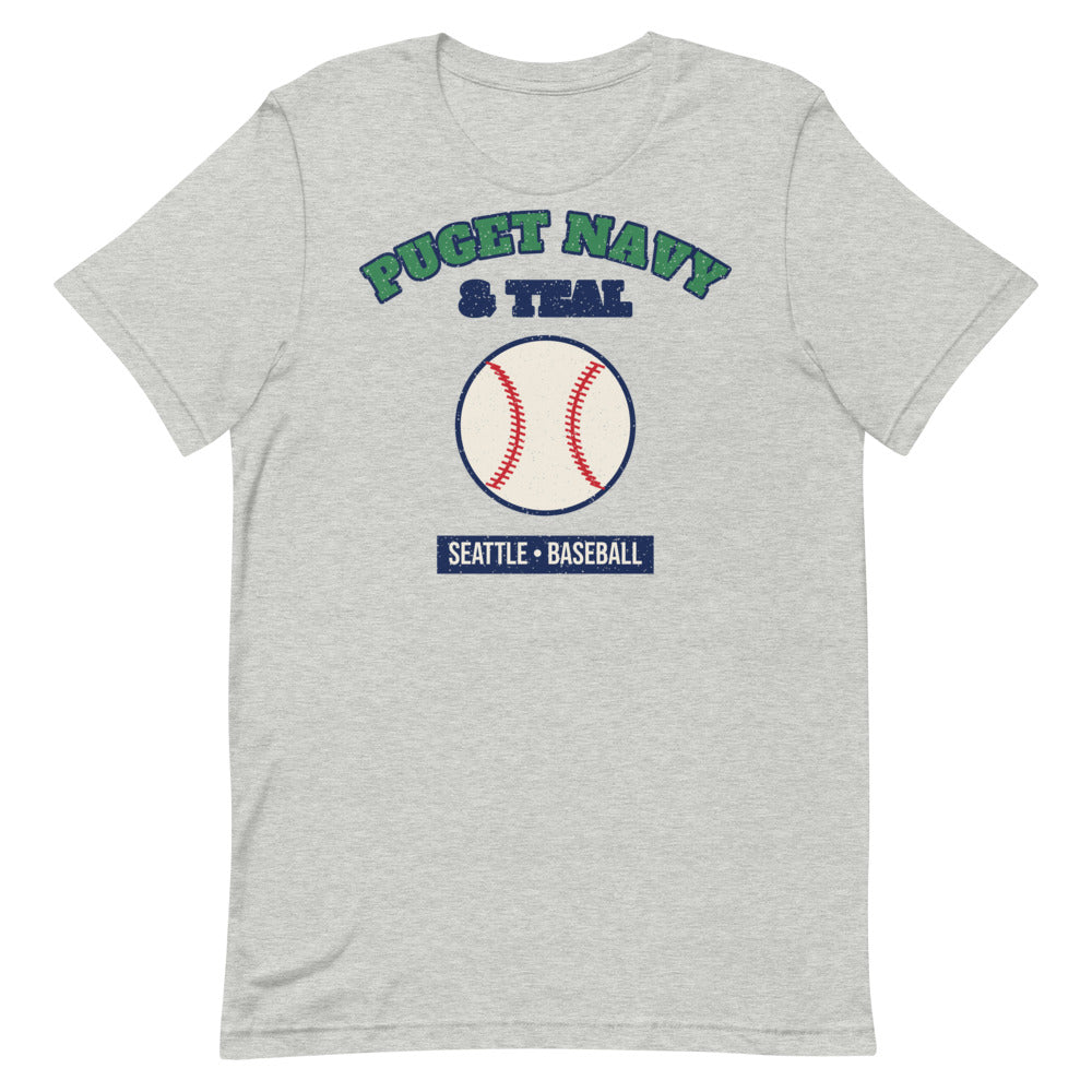 Puget Navy & Teal Baseball Tee in athletic heather, front