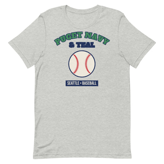 Puget Navy & Teal Baseball Tee in athletic heather, front