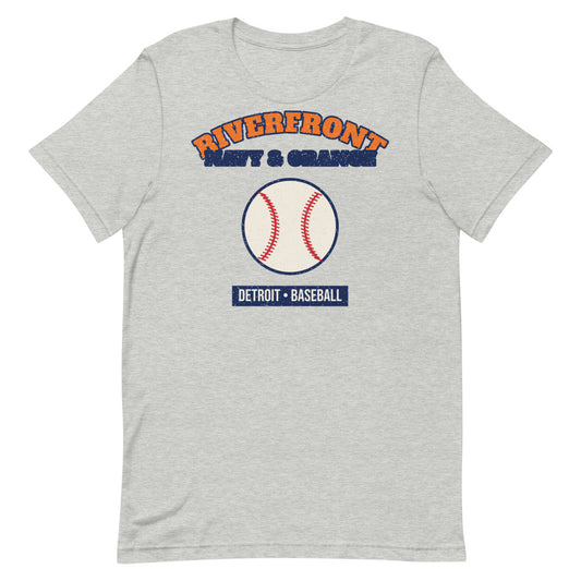 Riverfront Navy & Orange Baseball Tee in athletic heather, front