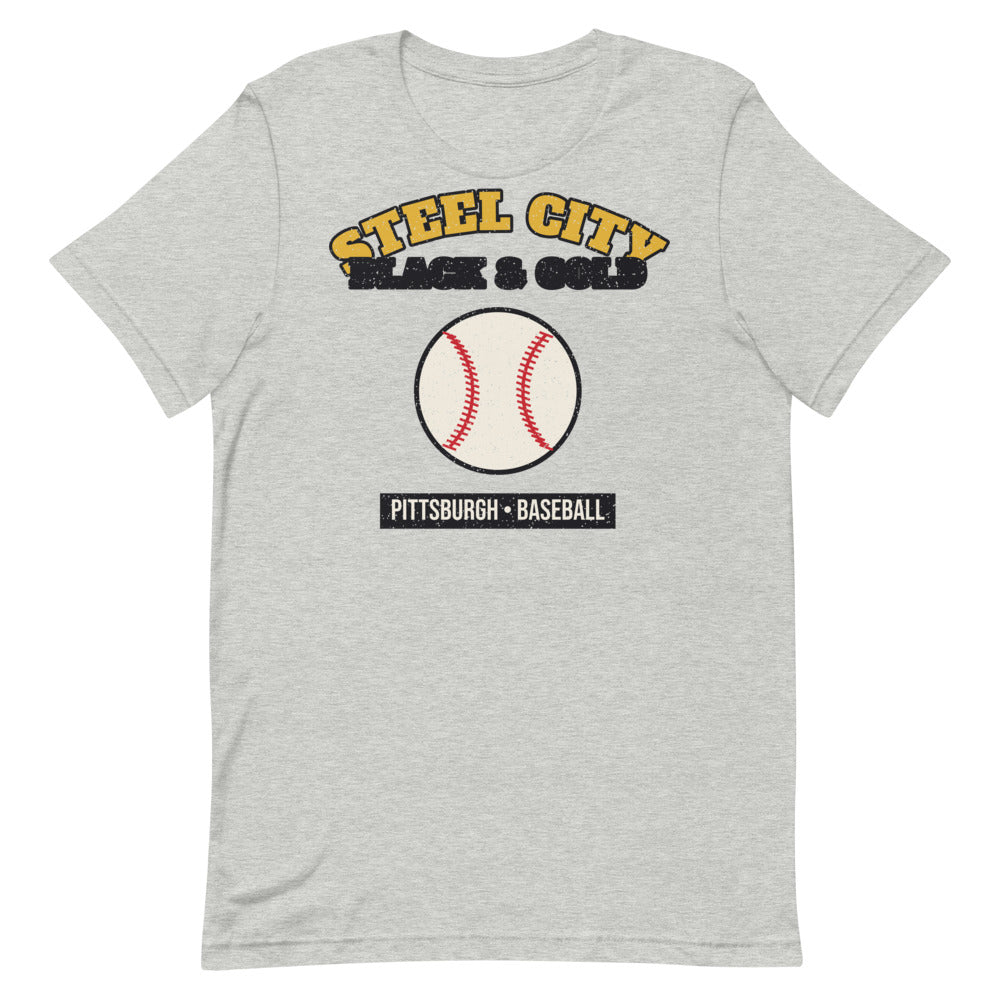 Steel City Black & Gold Baseball Tee in athletic heather, front