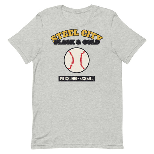 Steel City Black & Gold Baseball Tee in athletic heather, front