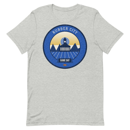 Blue & Gold Rubber City Game Day Tee in athletic heather, front