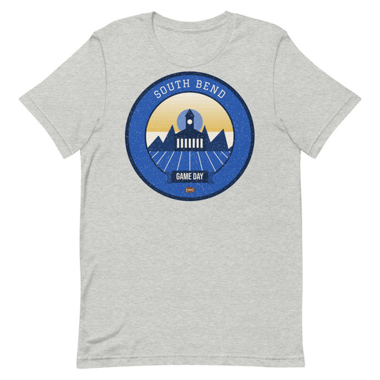 Blue & Gold Basilica Game Day Tee in athletic heather, front