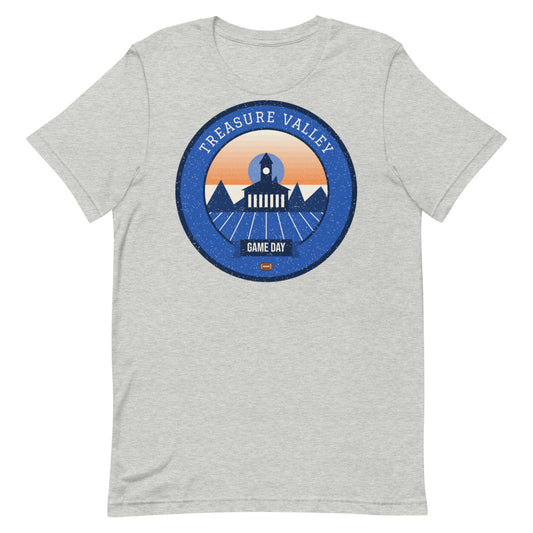 Blue & Orange Treasure Valley Game Day Tee in athletic heather, front