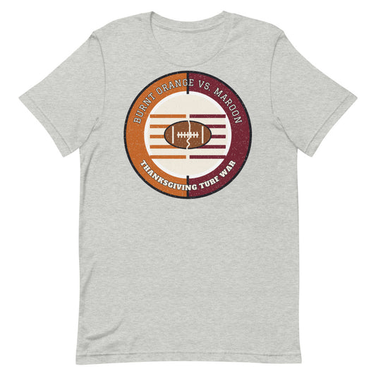 Burnt Orange vs Maroon Thanksgiving Turf War Football Tee in athletic heather, front