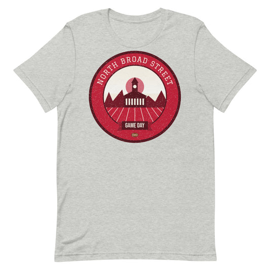 Cherry & White Row House Game Day Tee in athletic heather, front