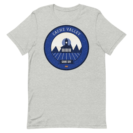 Deep Blue Cache Valley Game Day Tee in athletic heather, front