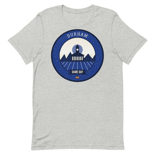 Deep Blue Gothic Spire Game Day Tee in athletic heather, front