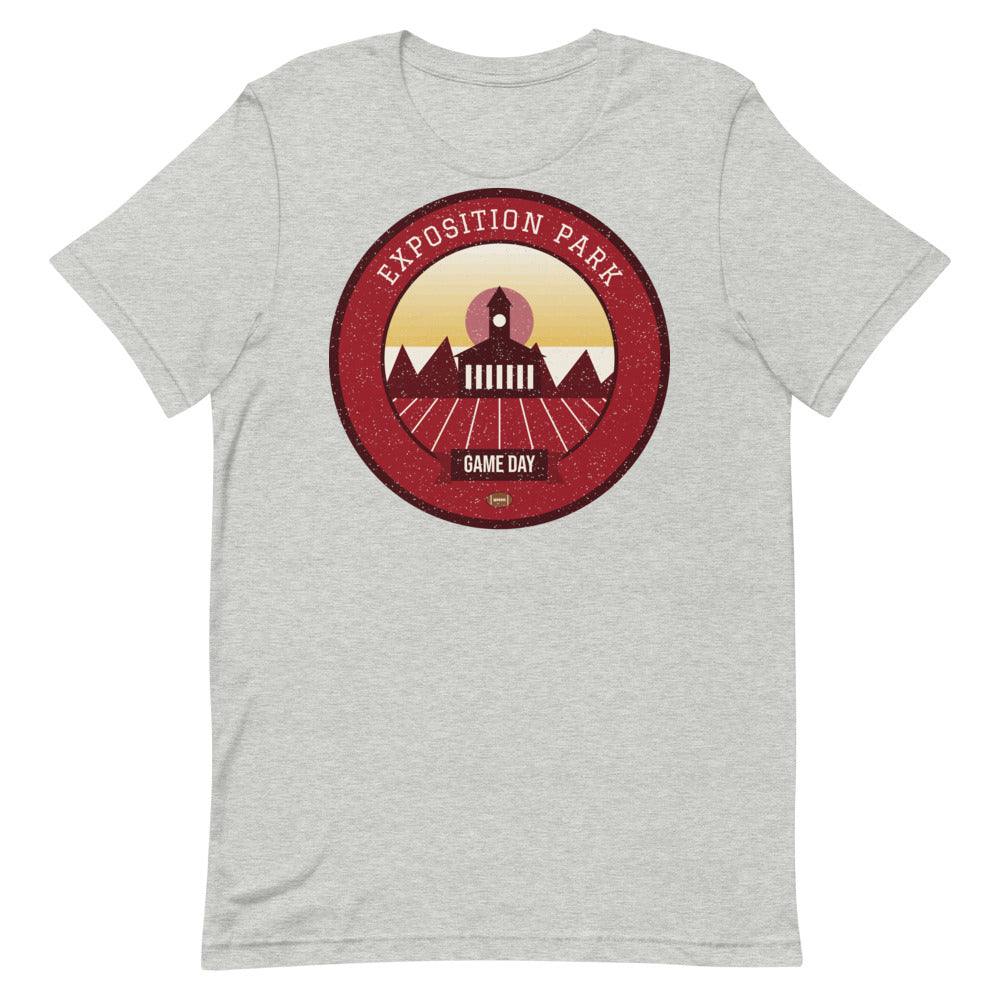Deep Red & Gold Exposition Game Day Tee in athletic heather, front