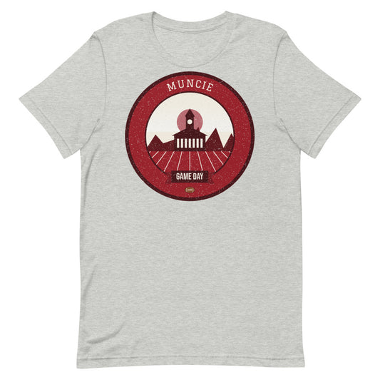 Deep Red Water Tower Game Day Tee in athletic heather, front